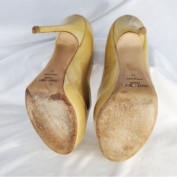 Jimmy Choo Patent Leather Luna “Nude” Tan Crown Open Toe Platform Pump Heel, 37 - Picture 9 of 14